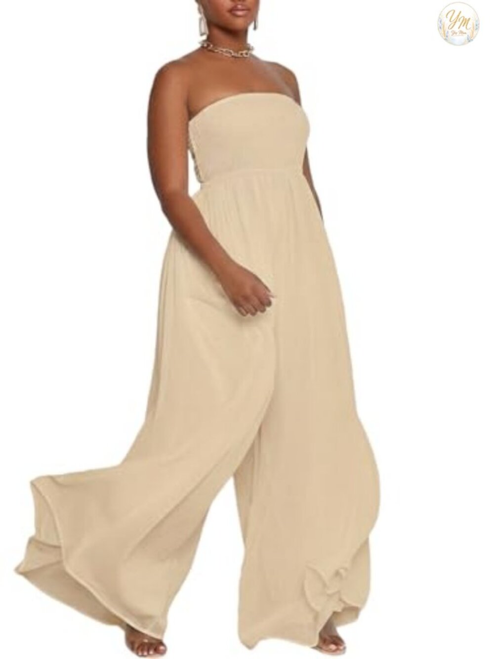 Strapless Wide Leg Smocked Jumpsuit High Stretch Polyester Spandex - Picture 2 of 5